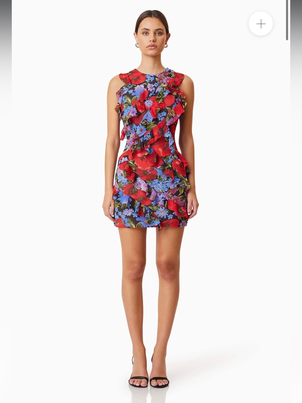 elliatt thea red & blue floral print asymmetrical ruffle detail mini dress XL